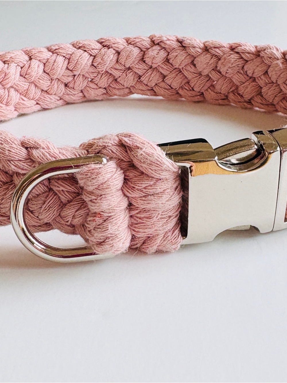Braided Pink Cotton Dog Collar with Silver Hardware